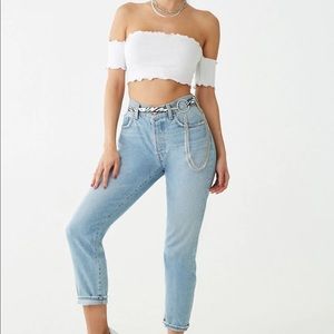 Ribbed Lettuce Edge Crop Top - White/Pink